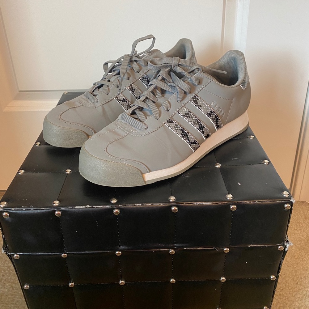Gray snakeskin adidas sneakers
